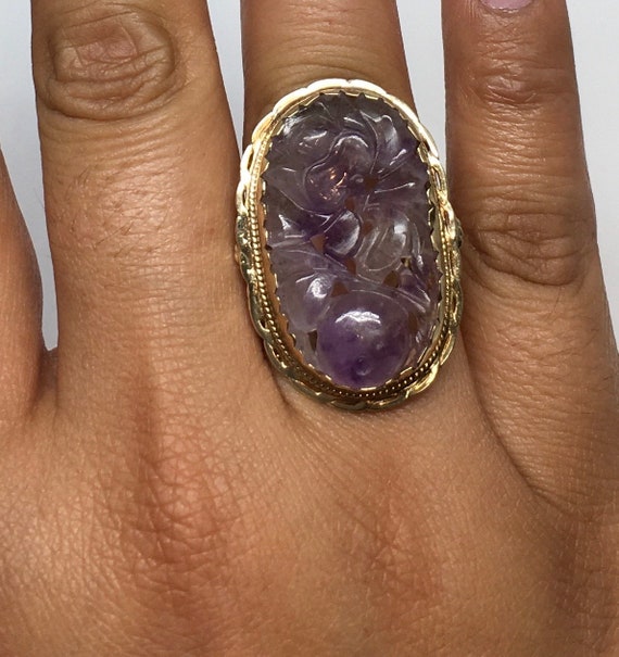 14k Yellow Gold Large Estate Hand Carved Purple J… - image 9