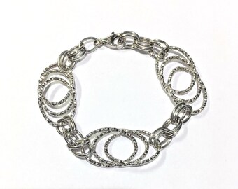 14k Italian White Gold Oval Circles Polished & Diamond Cut Textured Bracelet 7&quot; Long