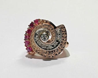 Antique Art Deco Retro 14k Rose Gold Platinum Ruby Diamond Swirl Statement Ring