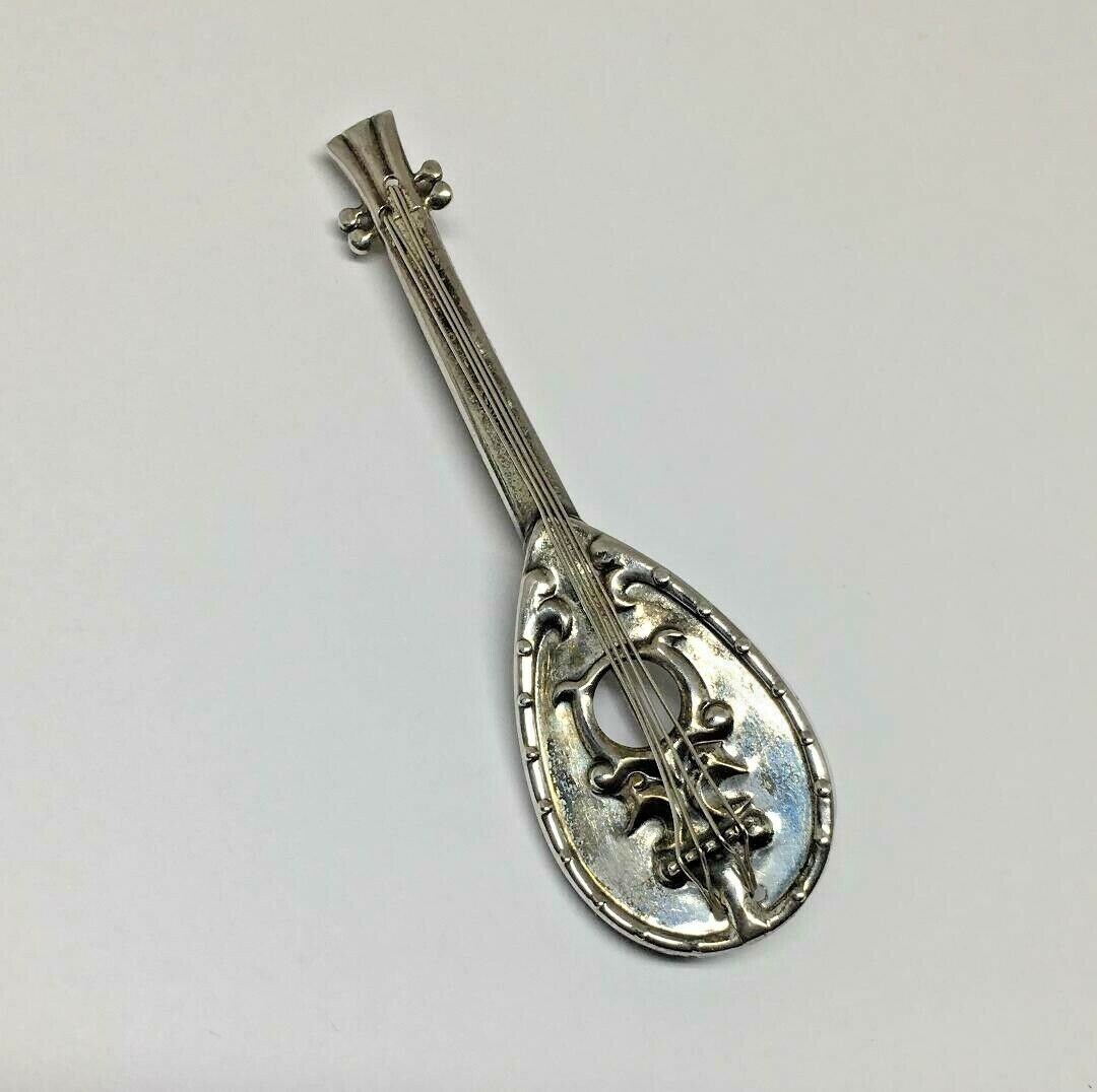 Vintage Signed Lang Sterling Silver Guitar with Movable Strings Brooch Pin
