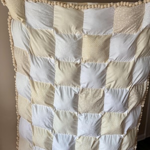 Handmade Puff Quilt Throw Blanket. Neutral Cream & White Boho Farmhouse Bedding, Cottagecore Nursery Quilt, Cozy Gift