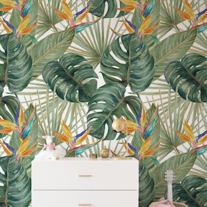 Palm Paradise, Foglie classiche, Carta da parati rimovibile, Parete artistica delicata, Autoadesiva, Decorazione murale ad acquerello, Carta da parati contemporanea #126