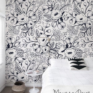 Black and white wallpaper Nursery_wall, mural, Floral wallpaper, Removable wallpaper, Children wall, art, spinrg, meadow, doddle 6 image 1