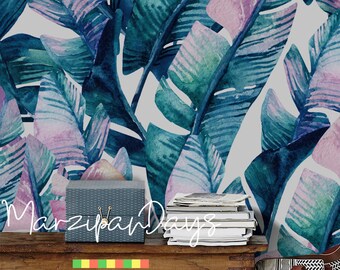 Rainbow leaf wallpaper -  Colorful wall mural, Watercolor leaves print, Removable wallpaper, Blue and pink wall art, Wall covering #71