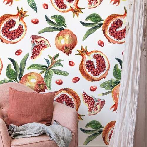 Floral and Fruit Removable Wallpaper Vintage Watercolor Wall Etsy