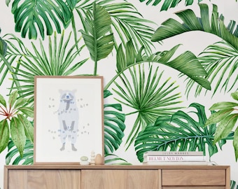 Palm and Monstera Tropical leaves, green removable wallpaper-delicate art wall, self-adhesive, watercolor wall decoration, wallpaper #112