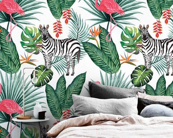 Safari tropical avec zèbre, papier peint amovible - art mural délicat, autocollant, décoration murale aquarelle, papier peint contemporain #117