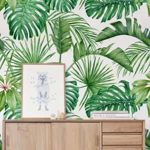 Palm And Monstera Tropical Leaves, Green Removable Wallpaper-Delicate Art Wall, Self-Adhesive, Watercolor Wall Decoration, #112