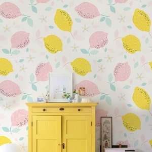 Lemons with Flowers, removable wallpaper - repositionable, reusable, self-adhesive, wall mural, peel and stick, delicate art wall #178