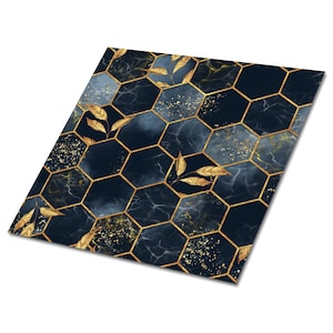 Leaves And Hexagons Vinyl Tiles, Blue Vinyl Wall Panels, Gold Luxury Vinyl Tile, Geometric Vinyl Tiles For Bathroom, Easy To Clean