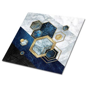 Hexagons Abstraction Self Adhesive Vinyl Tiles, Blue Vinyl Floor Tiles, Gold Vinyl Tiles For Bathroom, Abstract Luxury Vinyl Tile
