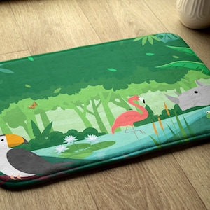 Non-slip Rug, Bath Runner, Exotic Animals, Green, Kids Pattern, Small Mat, Modern Bathroom Rug, Soft Carpet