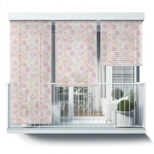 May include: White balcony with a white railing and three white window blinds with a pink and yellow polka dot pattern. The blinds are partially rolled up.