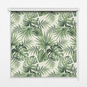 Light Diffusing And Room Darkening Blinds, Tropical, Green, Beige, Various leaves, Kitchen Window Blinds, Bedroom Window Treatments