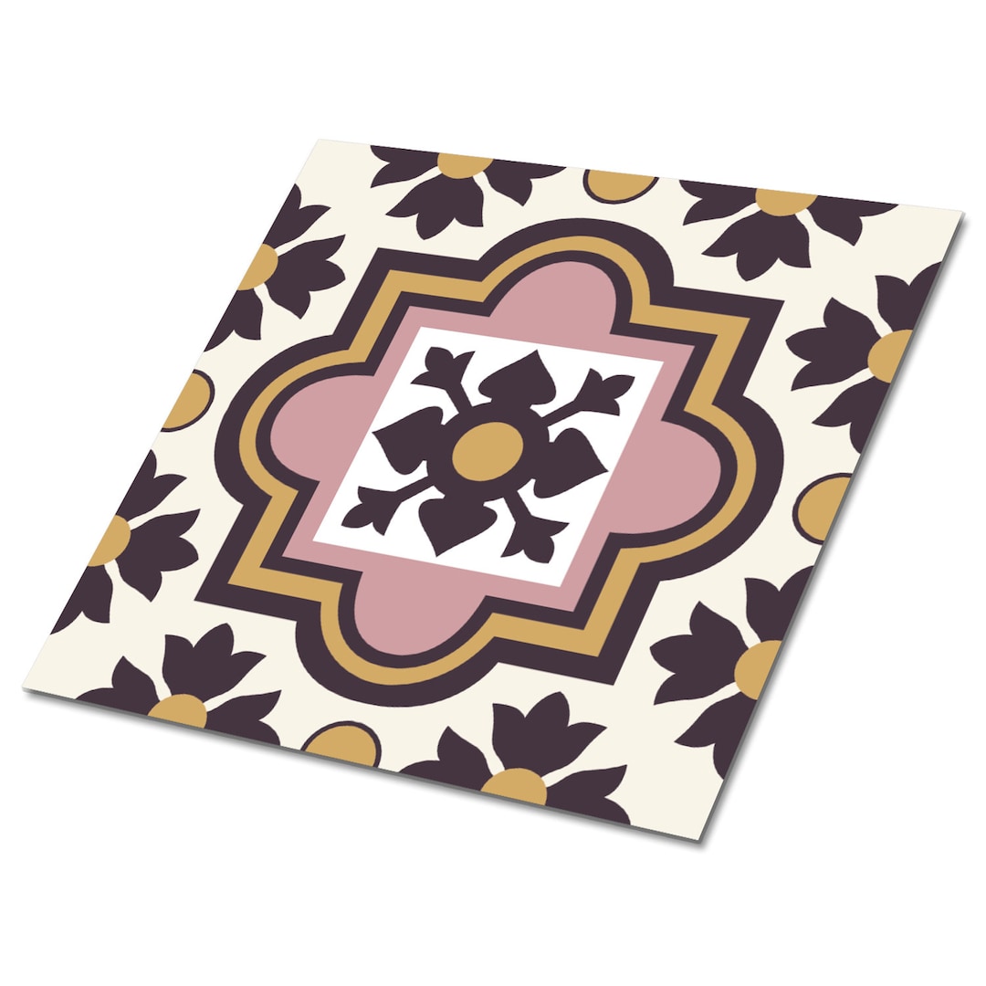 Arab Flowers Self Adhesive Vinyl Tiles, Pink Sticky Vinyl Tiles, Beige