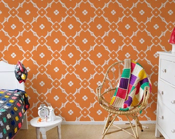 Orange Moroccan Flowers, Removable Wallpaper, Delicate Art Wall, Self Adhesive, Watercolor Wall Decor, Contemporary Wallpaper #109