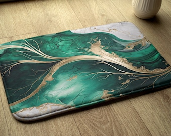 Dark Green Marble Bath Runner, Green Artistic Pattern, Soft Carpet, Small Mat, Modern Bathroom Rug