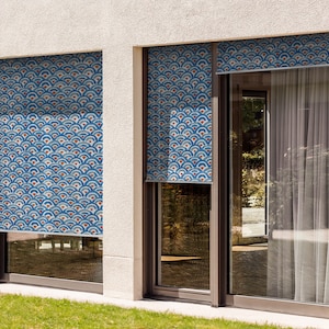 Blue Outdoor Roller Blinds, Japanese Style Pattern Shades, Watercolor Patio Roller Shades, Custom Blinds
