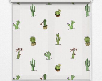 Persianas difusoras de luz e escurecimento de ambientes, plantas, verde, branco, cactos de desenho animado, persianas de rolo contemporâneas, persianas de rolo artesanais