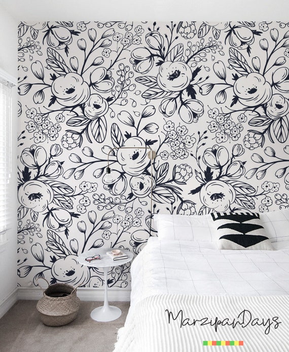 Black And White Wallpaper Nursery Wall Mural Floral Etsy Black And White Wallpaper Nursery Wall Mural Floral Etsy