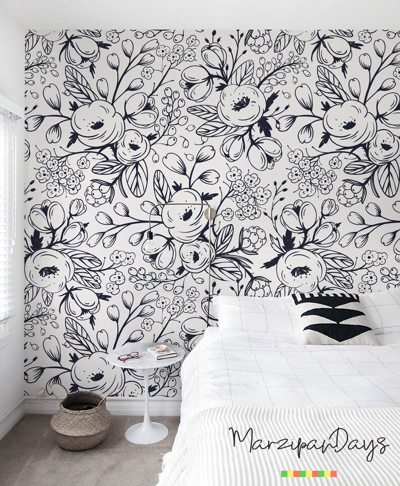 Black and white wallpaper Nursery_wall, mural, Floral wallpaper, Removable wallpaper, Children wall, art, spinrg, meadow, doddle 6 image 1