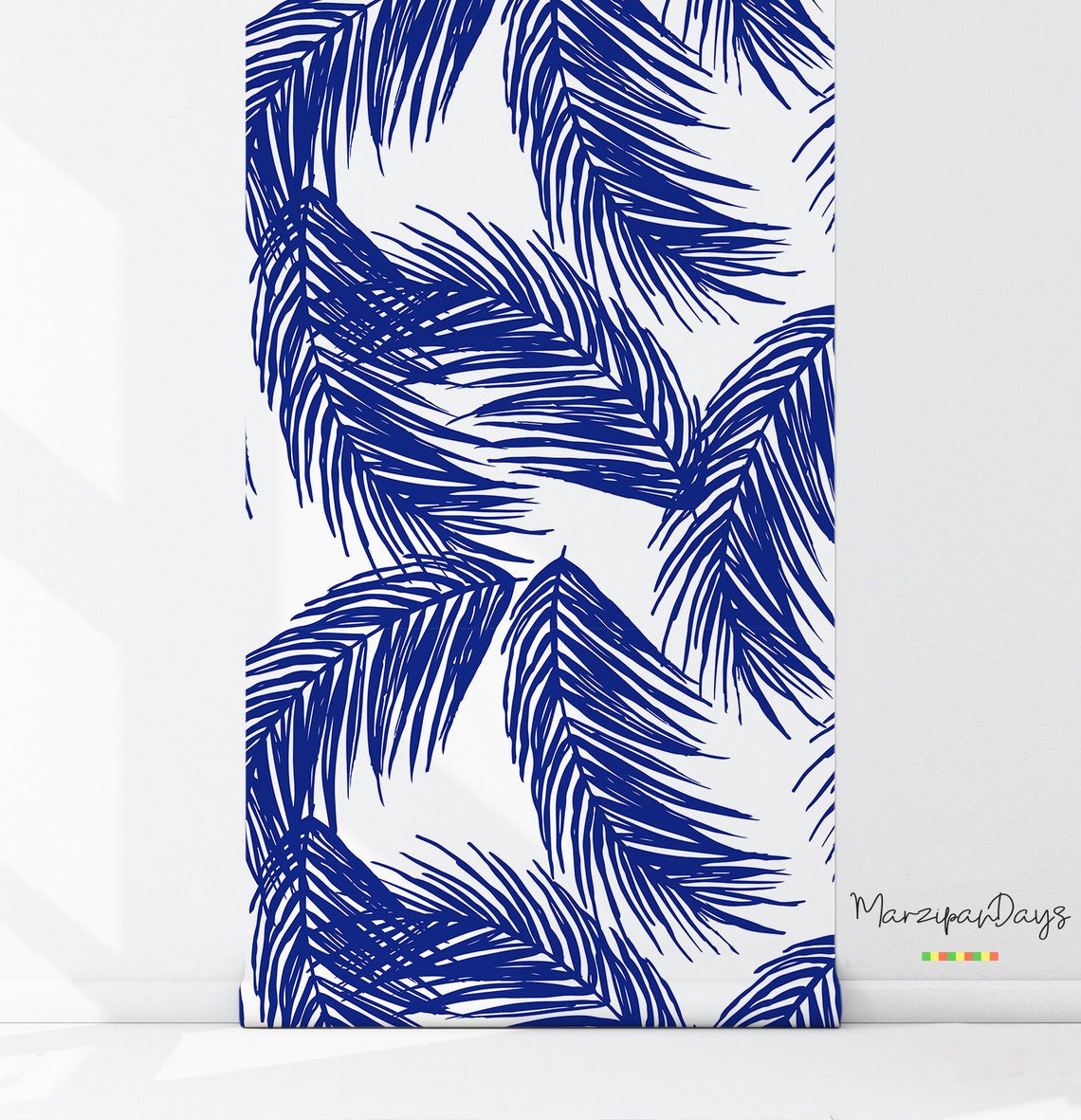 Navy palm leaf wallpaper Tropical leaf wall decor Palm art Etsy