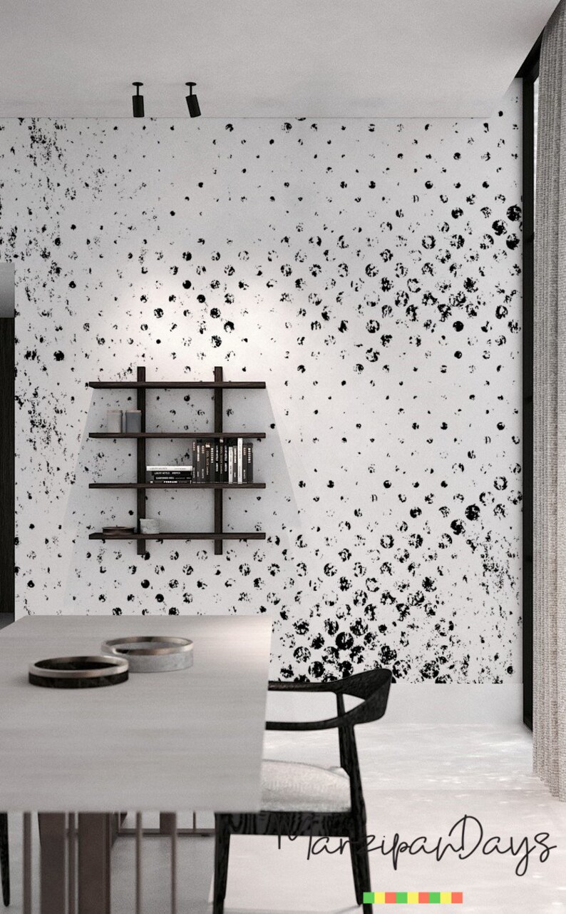 Grunge dots wallpaper Zwart-witte muurschildering, Polka dots behang, Verwisselbaar behang, Peel en stick wanddecor, Minimalistisch 38 afbeelding 1