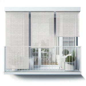 May include: White balcony shade with a white railing and a view of a balcony with furniture and plants.