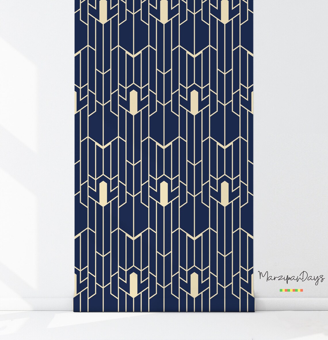 Geometric pattern removable wallpaper Navy and gold wall Etsy
