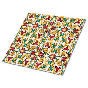 Piastrelle per pavimenti in vinile con motivo senza soluzione di continuità Palermo, pavimenti in piastrelle in vinile rosse, pannelli murali in vinile gialli, piastrelle in vinile patchwork per il bagno