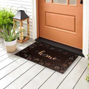 Home Dog Paws Outdoor Mat, Brown Welcome Doormat, Text Front Rug, Non-Slip Doormat, Personalized Doormat, Cute Doormat