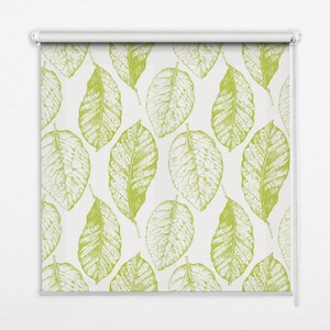 May include: A white roller blind with a repeating pattern of green leaves. The leaves are drawn in a vintage style.