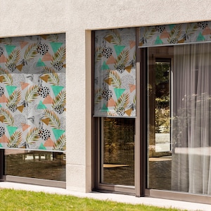 Multicolour External Roller Blinds, Leaves Triangles Dots Patterns Shades, Geometric Outdoor Roller Blinds, Custom Blinds