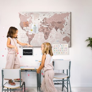 Vintage Weltkarte, Orange, große Korktafel, Druck auf Leinwand, Pinnwand, Reise-Tracker, besuchte Landkarte