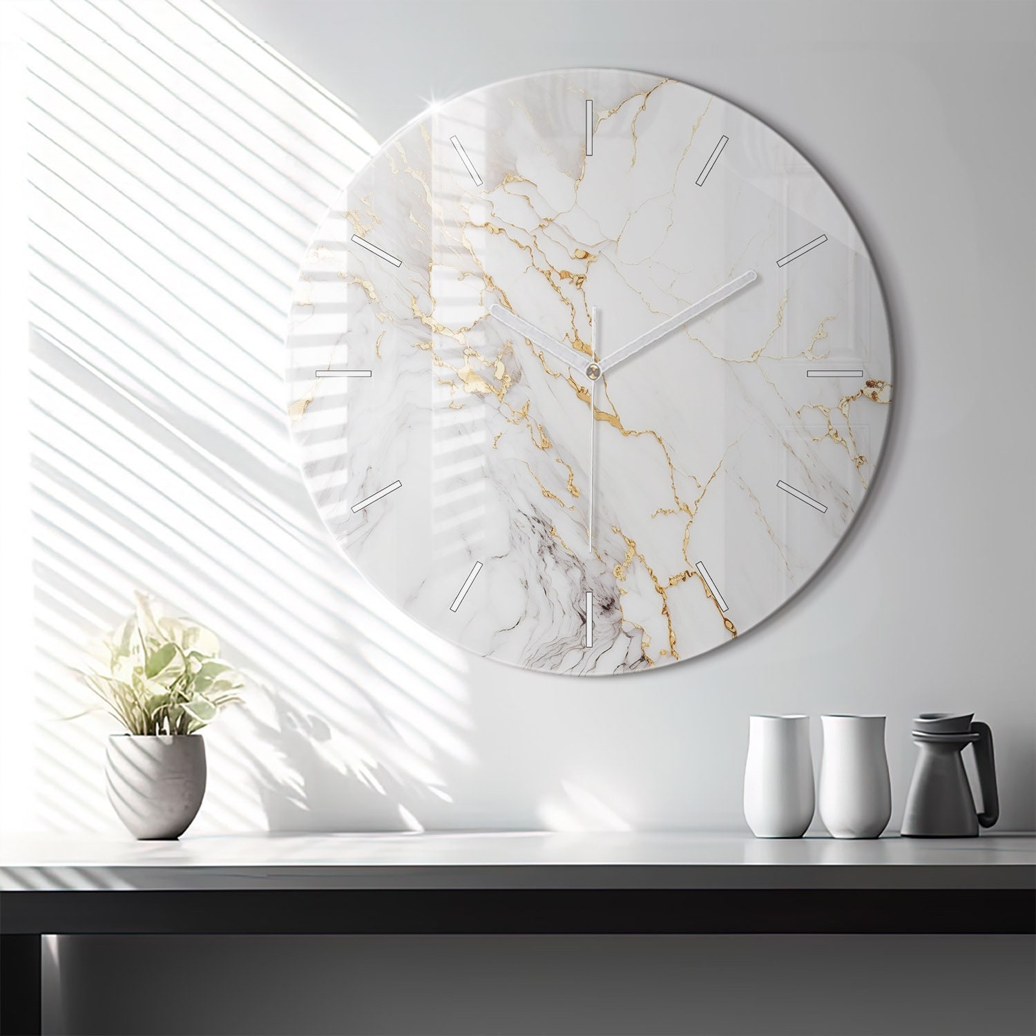 Decorative Marble Glass Clock, White Modern Wall Clock, Unique Wall Clock, Tempered Glass Clock, White House Decor