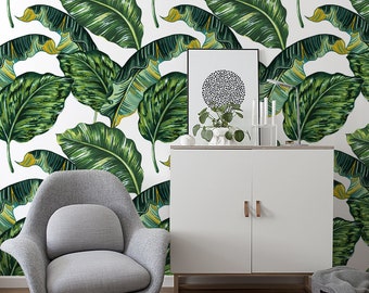 Monstera Green Exotic Pattern, Removable Wallpaper, Delicate Art Wall, Self Adhesive, Watercolor Wall Decor, Contemporary Wallpaper #110
