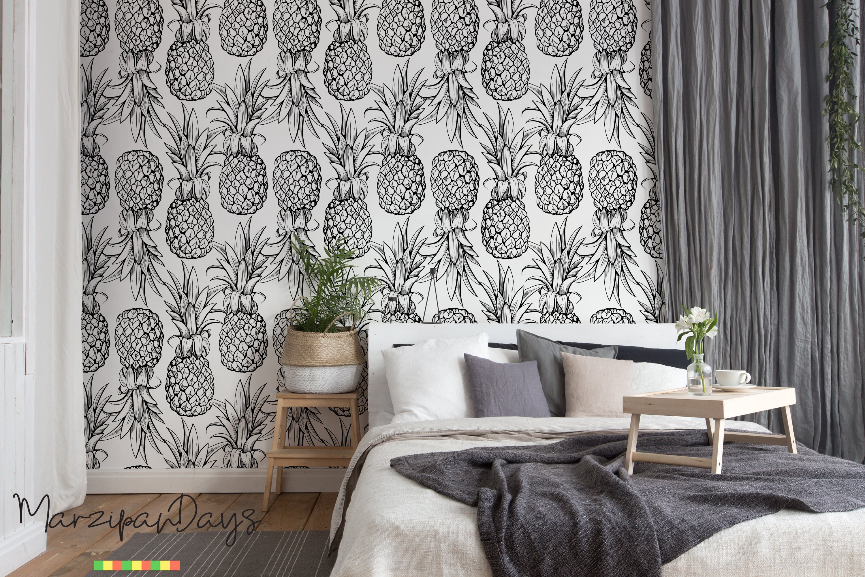 Ananas-Tapete, Ananas entfernbare Tapete oder traditionelles Material, Wandbild, Monochrom-Ananas-Dekor # 64