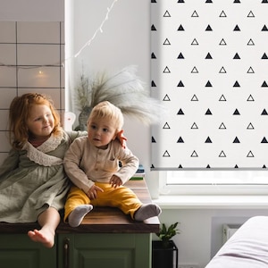 Blinds, Sheer Or Blackout Variations Avaible, Monochrome triangles, Black and White, Geometric, Printed Pattern, Stylish Window Decor