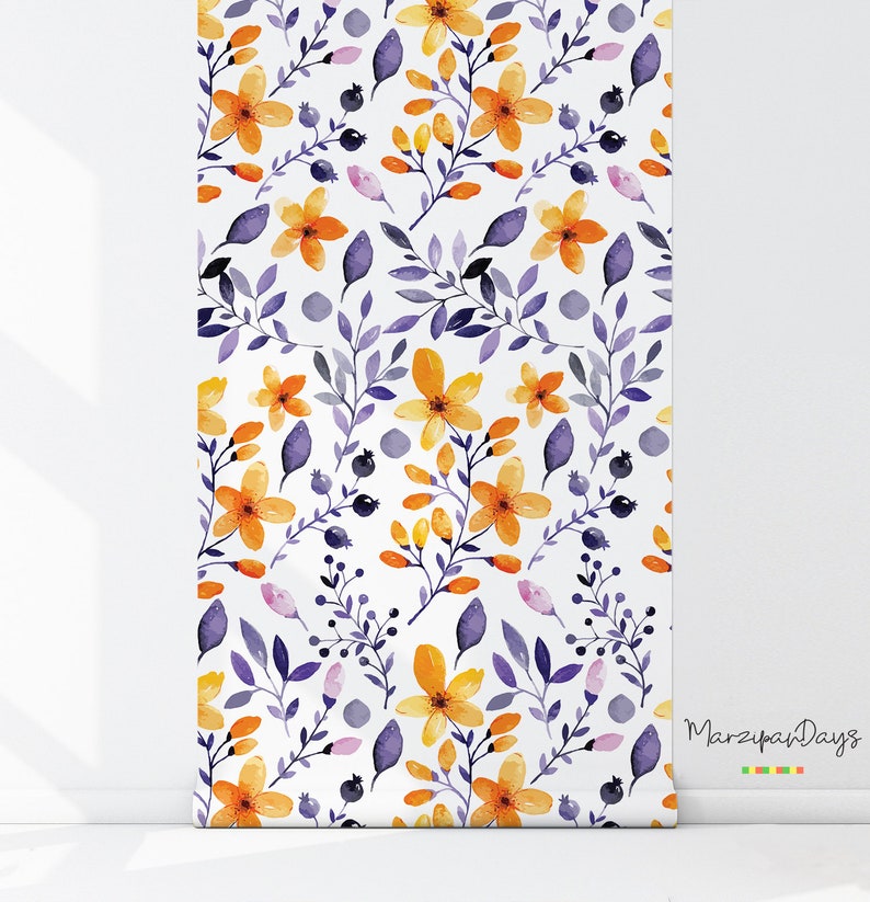 Navy floral wallpaper Yellow abstract wall mural Etsy