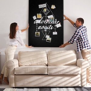Time to adventure, XXL Cork Board, Student's Note Board, Push Pins, Custom Pattern, Photo Wall Display, Black