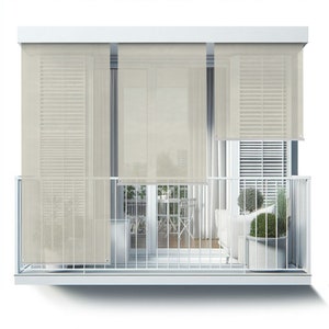 May include: Beige retractable shade panels installed on a balcony with a white railing. The shades are partially extended, providing shade to the balcony.