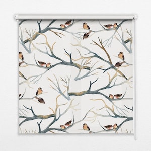 May include: A watercolour pattern featuring brown birds perched on bare branches with a white background. The branches are a mix of light and dark blue and brown.