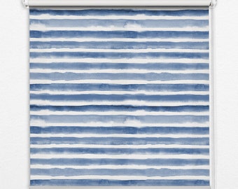 Blinds, Light Diffusing And Room Darkening, Painted blue stripes, Blue and White, Geometric, Printed Pattern, Handmade Roller Shades