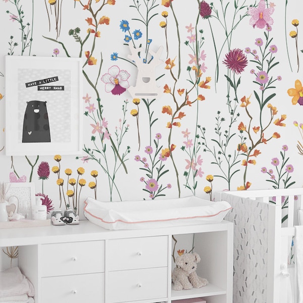 WIld flowers removable wallpaper - Garden flowers wall mural, Watercolor, Bright wallpaper, Colorful wall decor, Wall decals #89