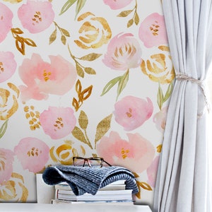Watercolor Roses Removable Wallpaper, Peel And Stick Floral Wall Mural, Pink Flowers, Nursery Wallpaper, Reusable, Wall Decor, Decals #87