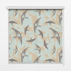 Light Diffusing And Room Darkening Blinds, Animals, Beige, Blue, Swallows, Contemporary Roller Blinds, Handmade Roller Shades