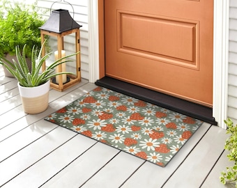 Buitenmat madeliefjes en aardbeien, rode welkomstmat, bloemen voordeurmat, antislip deurmat, gepersonaliseerde deurmat, leuke deurmat
