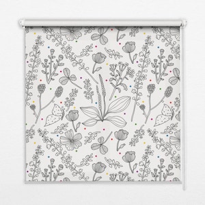 Light Diffusing And Room Darkening Blinds, Plants, Gray, White, Drawn plants, Contemporary Roller Blinds, Handmade Roller Shades