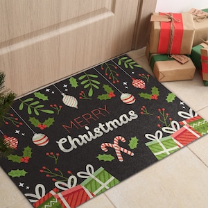 Happy Christmas Front Door Mat, Personalized Doormat, Christmas Doormat, Entrance Mat Green, Christmas Pattern