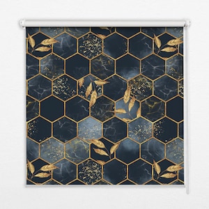 Blinds, Light Diffusing And Room Darkening, Gold shapes, Navy and Golden, Geometric, Contemporary Roller Blinds, Stylish Window Decor